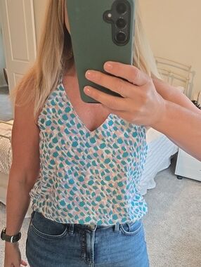 Sleeveless V-Neck Printed Tank Top - Teal Multi